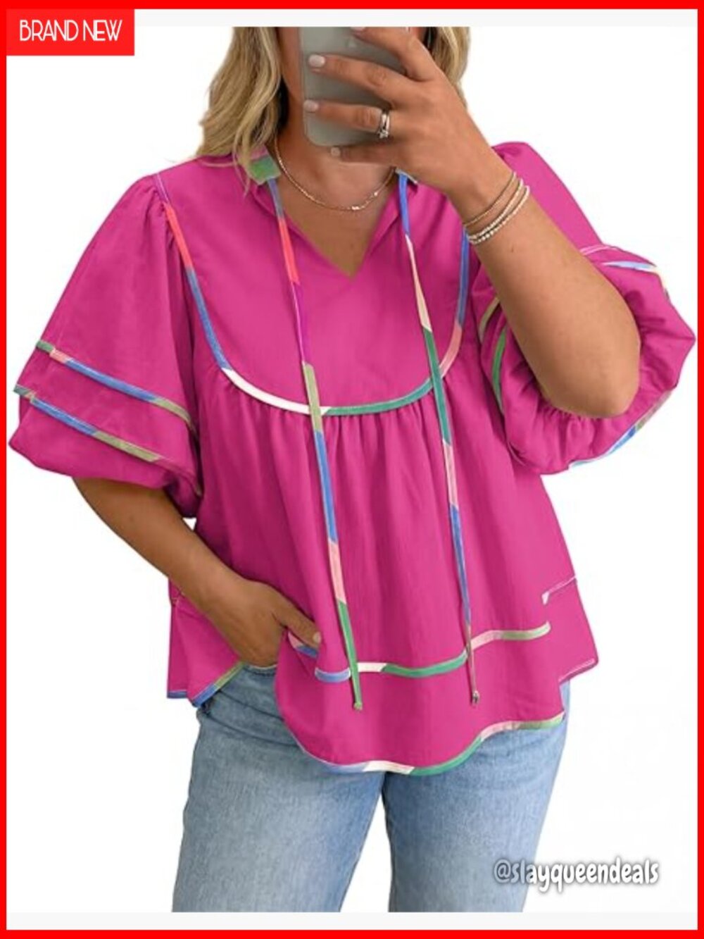 Plus Size Babydoll Top Peplum V-Neck Lantern Sleeve Loose Fit Blouse
